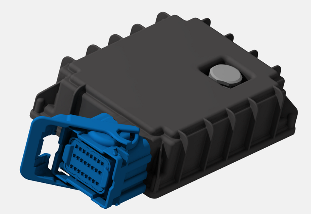 Product image of the Connected Infotainment Box for Two-Wheelers consisting of a black plastic body compartment with a large, 24-pin connector in blue at the front.